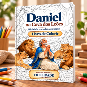 Capa do livro de colorir Daniel na Cova dos Leões, com 10 cenas em um PDF de 14 páginas sobre fidelidade.