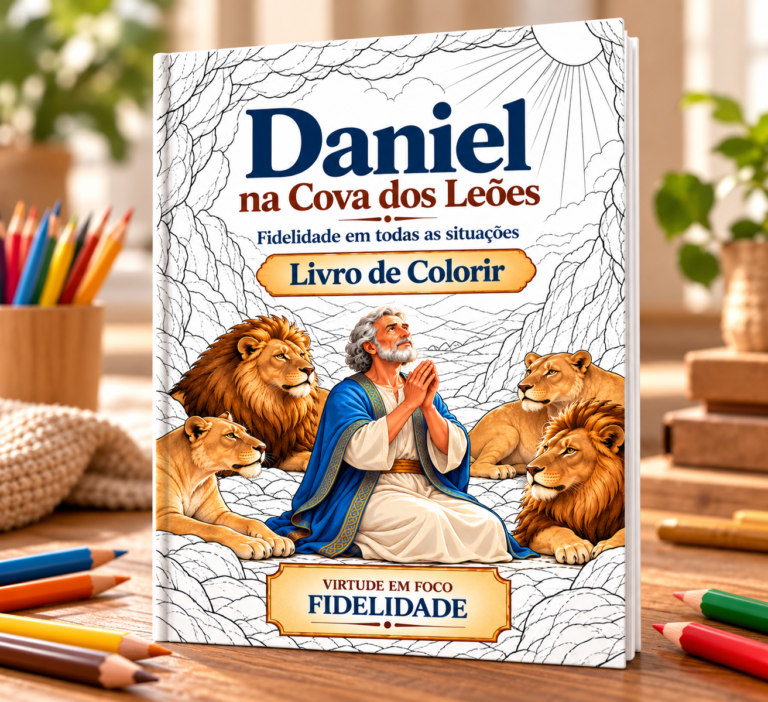 Capa do livro de colorir Daniel na Cova dos Leões, com 10 cenas em um PDF de 14 páginas sobre fidelidade.