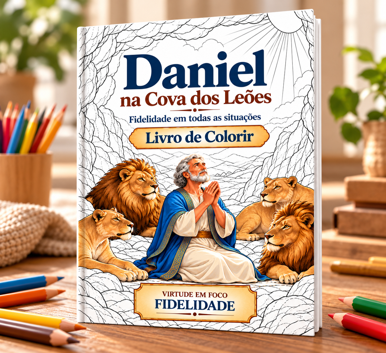 Capa do livro de colorir Daniel na Cova dos Leões, com 10 cenas em um PDF de 14 páginas sobre fidelidade.