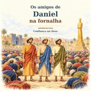 Capa do livro Os Amigos de Daniel na Fornalha, com os três amigos diante da estátua e a virtude Confiança em Deus