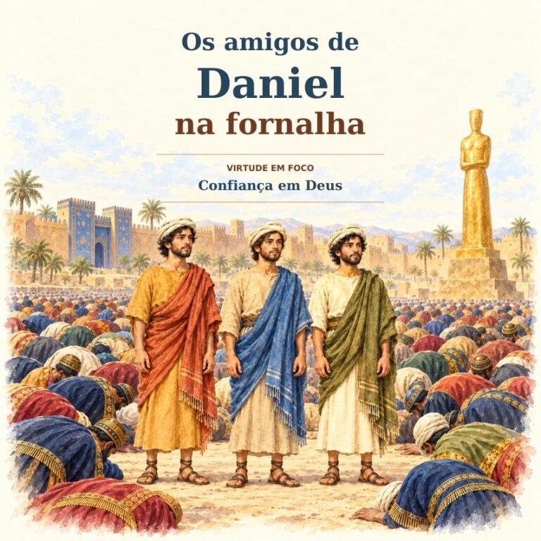 Capa do livro Os Amigos de Daniel na Fornalha, com os três amigos diante da estátua e a virtude Confiança em Deus