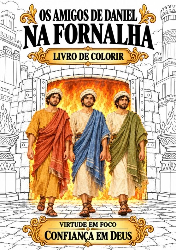 Os Amigos de Daniel na Fornalha — Livro de Colorir em PDF 1 Capa do livro Os Amigos de Daniel na Fornalha para colorir, do Conhecendo Kids