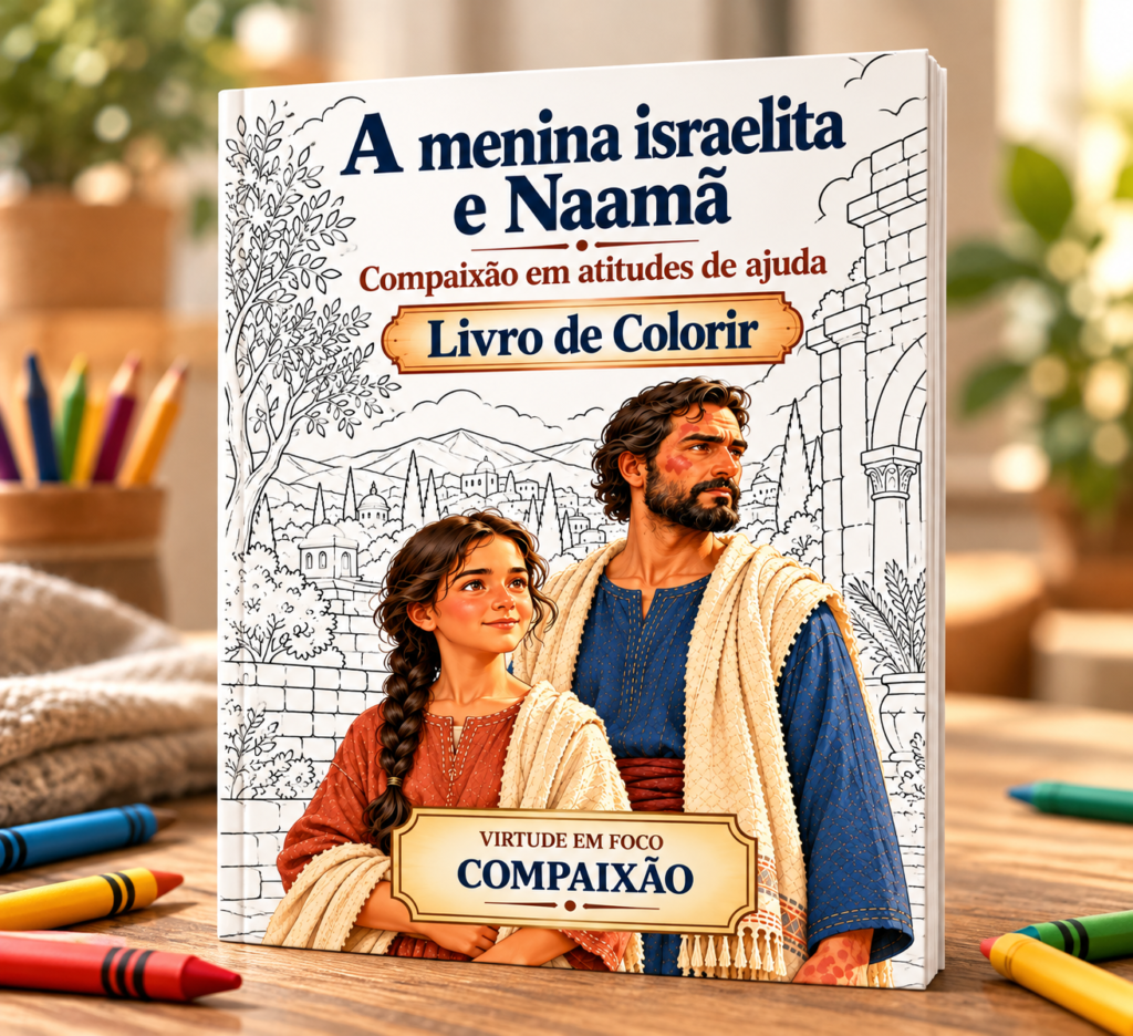 Capa do livro de colorir A Menina Israelita e Naamã, com a menina conversando com a esposa do comandante