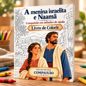 Capa do livro de colorir A Menina Israelita e Naamã, com a menina conversando com a esposa do comandante