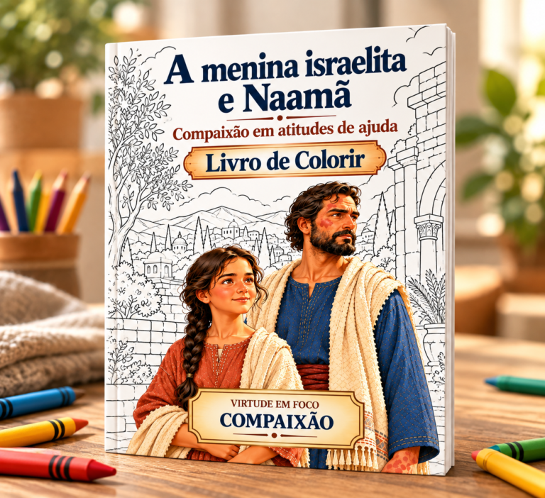 Capa do livro de colorir A Menina Israelita e Naamã, com a menina conversando com a esposa do comandante