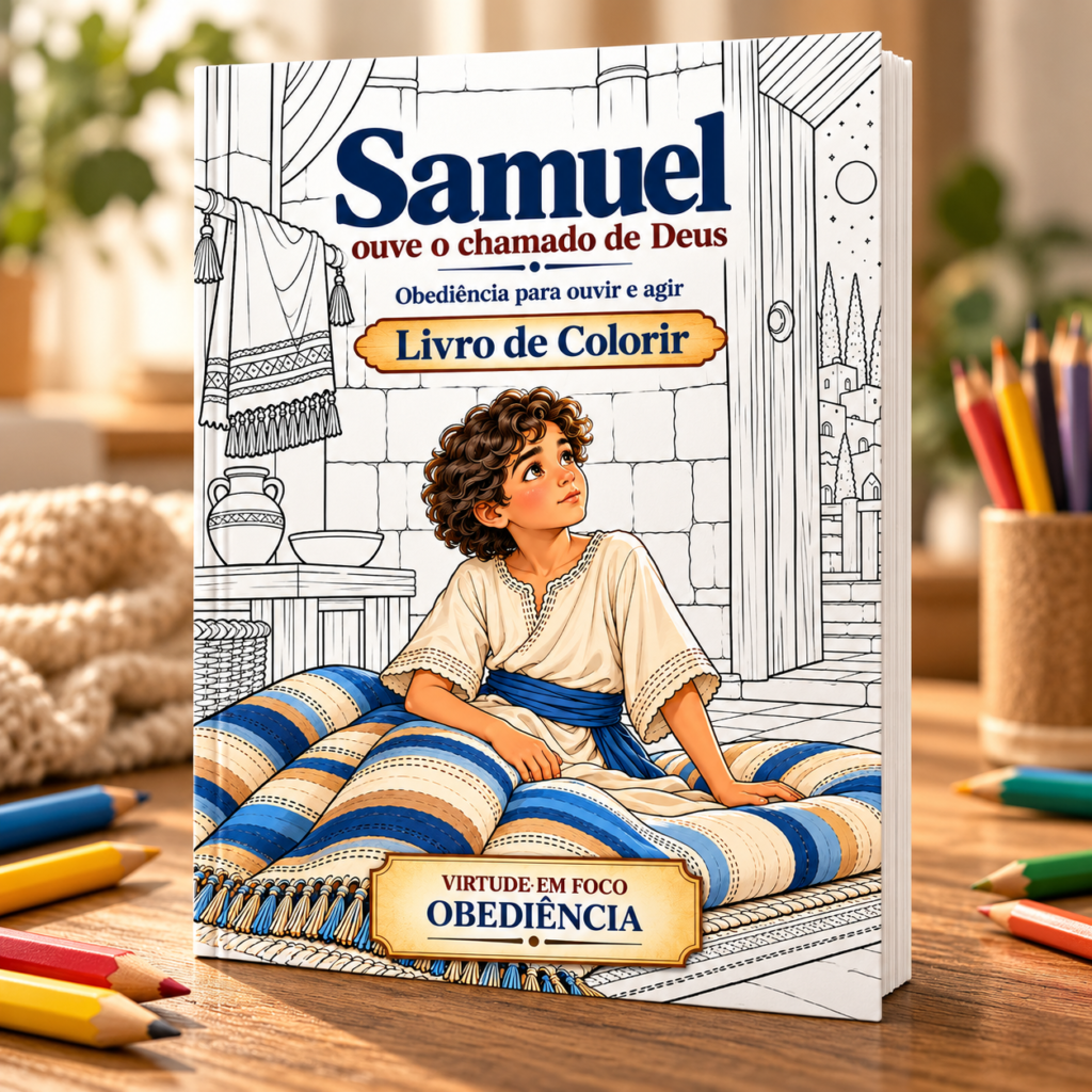 Capa do livro de colorir Samuel Ouve o Chamado de Deus, com Samuel sentado em sua cama