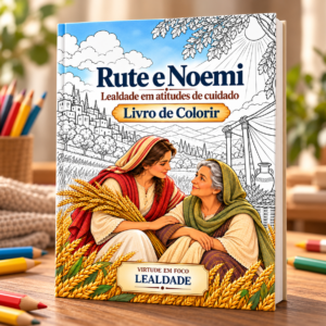 Capa do livro de colorir Rute e Noemi, com as duas mulheres em uma paisagem de colheita. Rute e Noemi para colorir