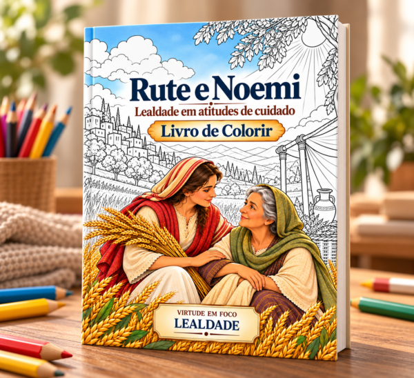Capa do livro de colorir Rute e Noemi, com as duas mulheres em uma paisagem de colheita. Rute e Noemi para colorir