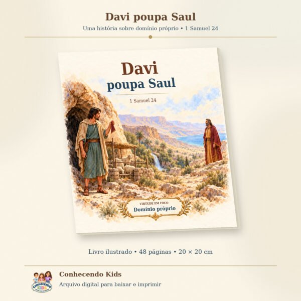 Livro ilustrado com Davi mostrando um pedaço do manto a Saul diante da caverna na capa.