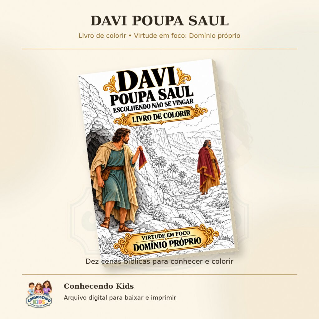 Livro de colorir com Davi mostrando o pedaço do manto de Saul diante da caverna na capa parcialmente colorida.
