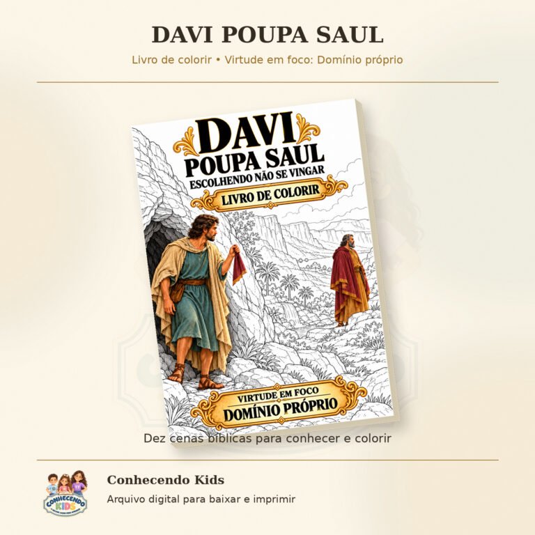 Livro de colorir com Davi mostrando o pedaço do manto de Saul diante da caverna na capa parcialmente colorida.