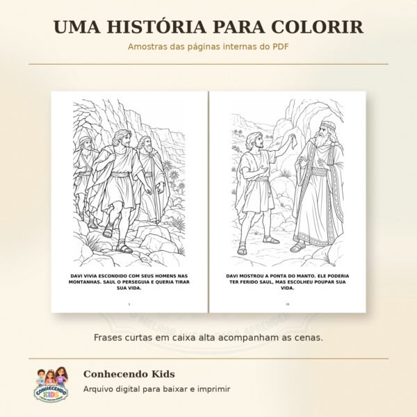 Davi poupa Saul — Livro de colorir em PDF A5 7 Livro aberto com Davi e seus homens nas montanhas e Davi mostrando um pedaço do manto a Saul.