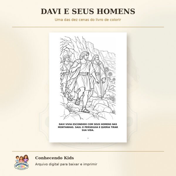 Davi poupa Saul — Livro de colorir em PDF A5 8 Desenho para colorir com Davi e seus homens caminhando entre rochas e palmeiras.