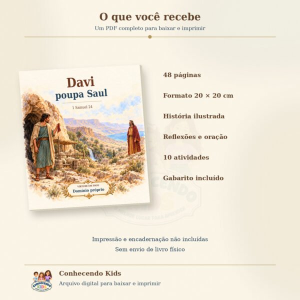 Capa do livro Davi poupa Saul e informações do PDF com 48 páginas, reflexões, oração e dez atividades.