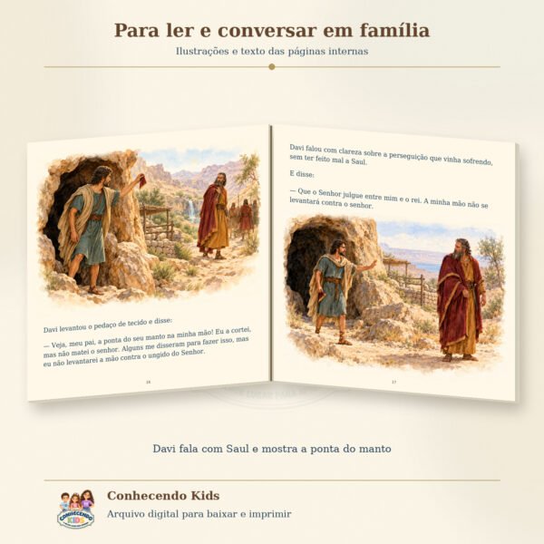 Livro aberto nas páginas em que Davi mostra o tecido e fala com Saul diante da caverna.