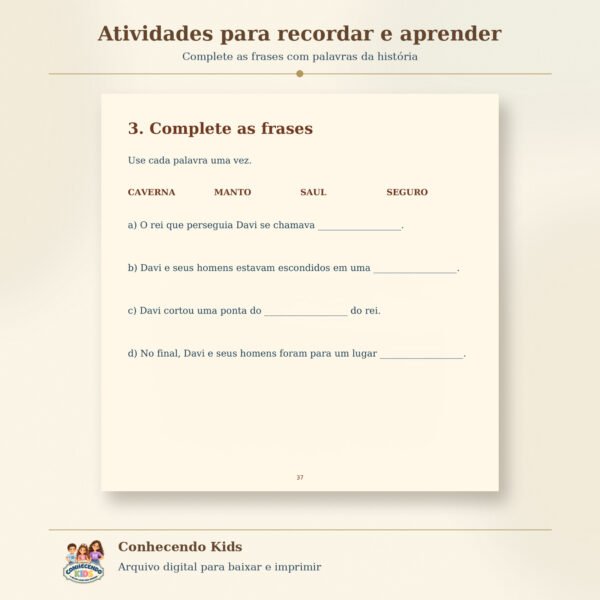 Página de atividade com quatro frases para completar usando as palavras caverna, manto, Saul e seguro.
