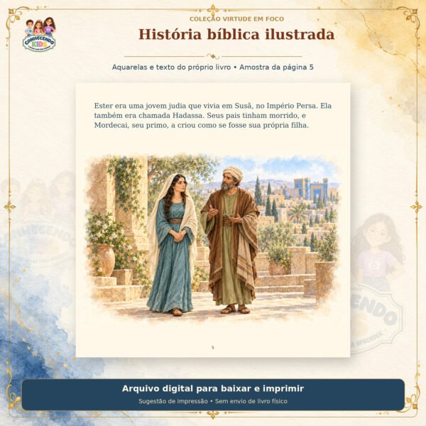 Ester diante do rei — Livro infantil ilustrado em PDF para imprimir 8 Página ilustrada com Ester e Mordecai e o início da história de Ester.