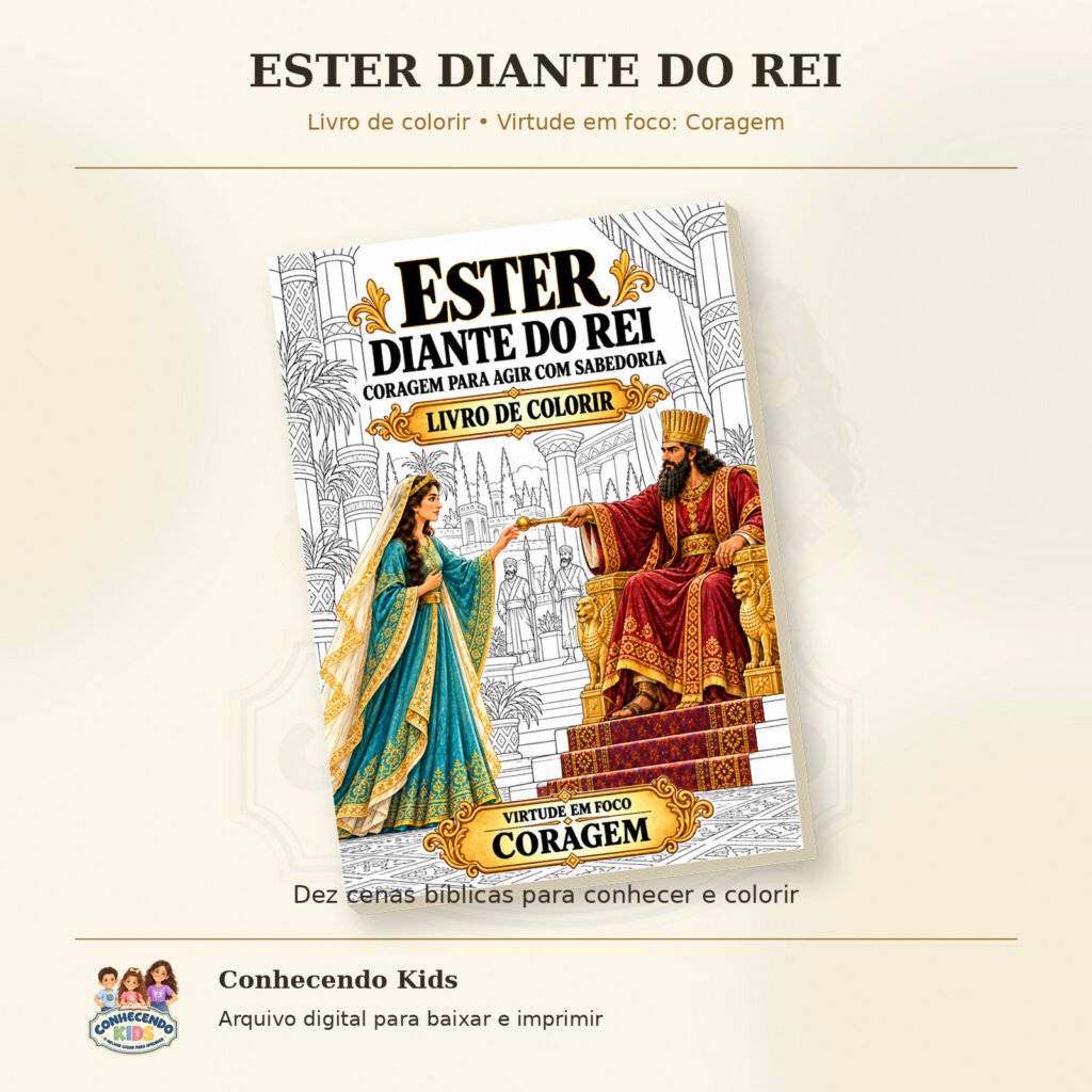 Livro de colorir com Ester tocando o cetro do rei na capa parcialmente colorida.