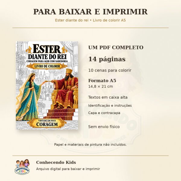 Capa de Ester e informações do PDF: 14 páginas A5, dez cenas, textos em caixa alta e instruções de impressão.