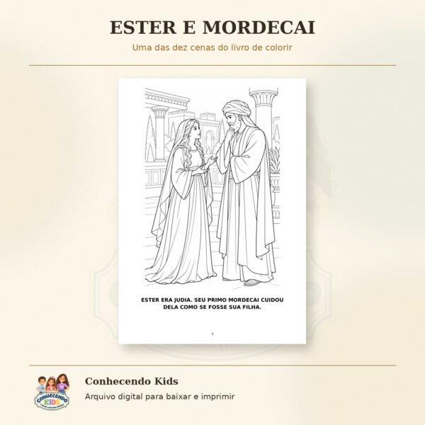 Página para colorir com Ester conversando com Mordecai diante das construções do palácio.