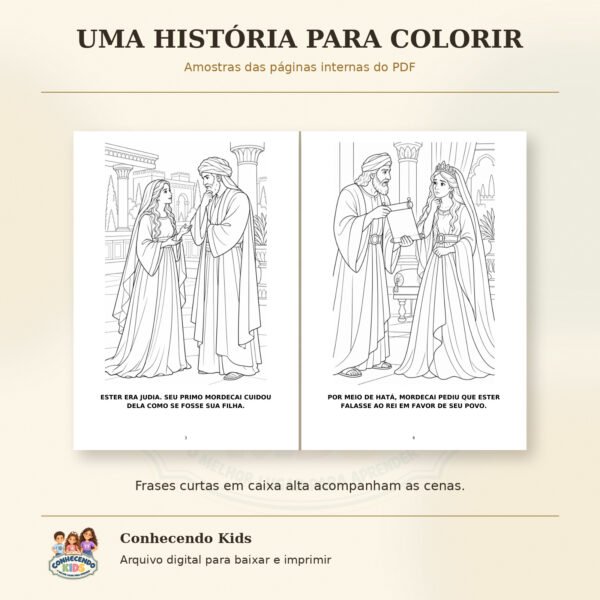 Livro aberto com desenhos de Ester e Mordecai e do pedido levado por Hatá.