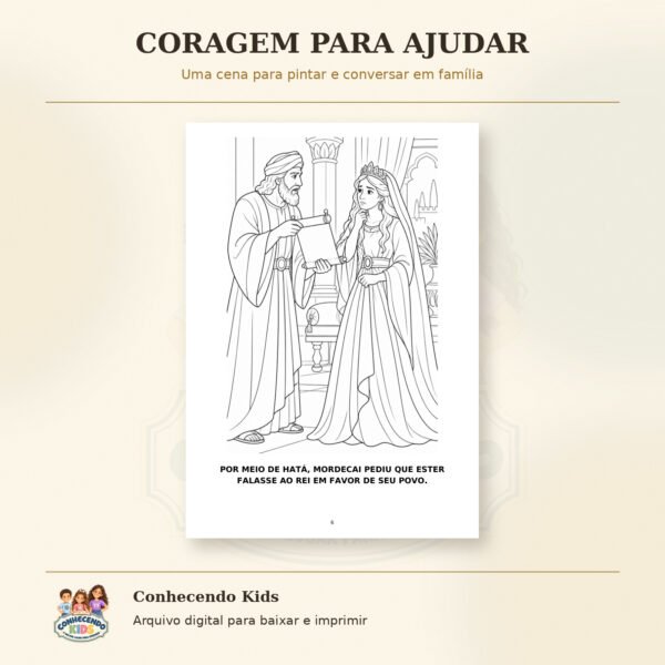 Página para colorir com um mensageiro segurando um pergaminho diante da rainha Ester.