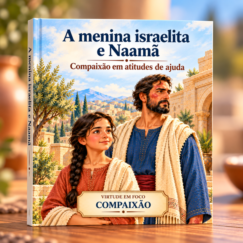 Capa do livro A Menina Israelita e Naamã, com a menina e o comandante em uma paisagem bíblica