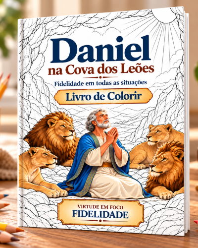 Capa do livro de colorir Daniel na Cova dos Leões, com 10 cenas em um PDF de 14 páginas sobre fidelidade.