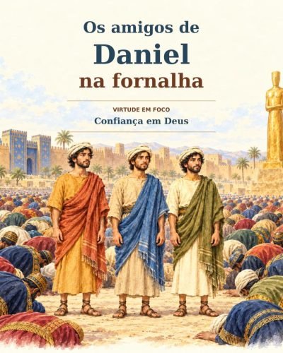 Capa do livro Os Amigos de Daniel na Fornalha, com os três amigos diante da estátua e a virtude Confiança em Deus