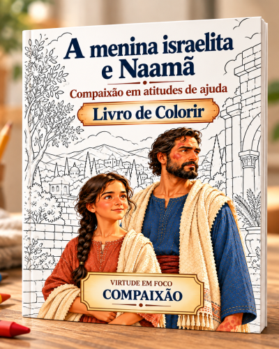 Capa do livro de colorir A Menina Israelita e Naamã, com a menina conversando com a esposa do comandante
