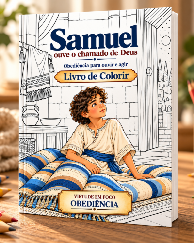 Capa do livro de colorir Samuel Ouve o Chamado de Deus, com Samuel sentado em sua cama