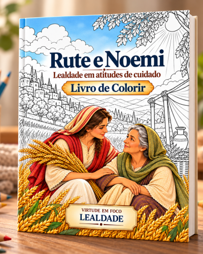 Capa do livro de colorir Rute e Noemi, com as duas mulheres em uma paisagem de colheita. Rute e Noemi para colorir