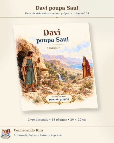Livro ilustrado com Davi mostrando um pedaço do manto a Saul diante da caverna na capa.