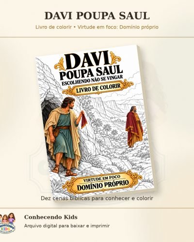 Livro de colorir com Davi mostrando o pedaço do manto de Saul diante da caverna na capa parcialmente colorida.