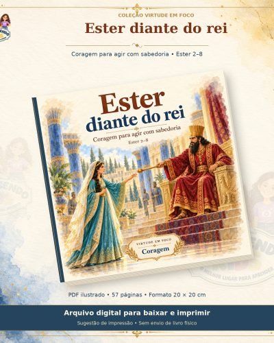 Livro Ester diante do rei, com a rainha Ester diante de Xerxes na capa.