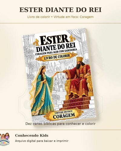 Livro de colorir com Ester tocando o cetro do rei na capa parcialmente colorida.