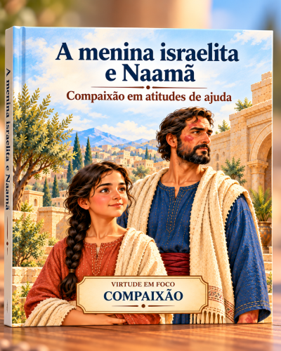 Capa do livro A Menina Israelita e Naamã, com a menina e o comandante em uma paisagem bíblica